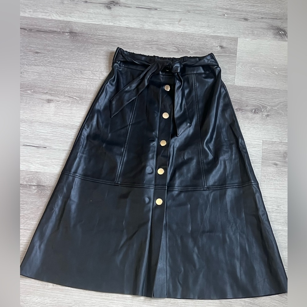 Zara Black Faux Leather A-Line Midi Skirt with Gold Buttons and Waist Tie